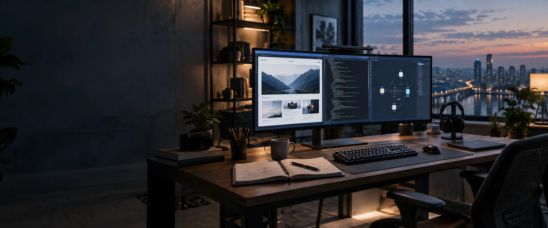 A modern desk setup for web development and artificial intelligence work